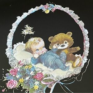Retro Foil Art Etched Wall Art Print Baby Boy Teddy Bear Pink Blue Floral Wooden